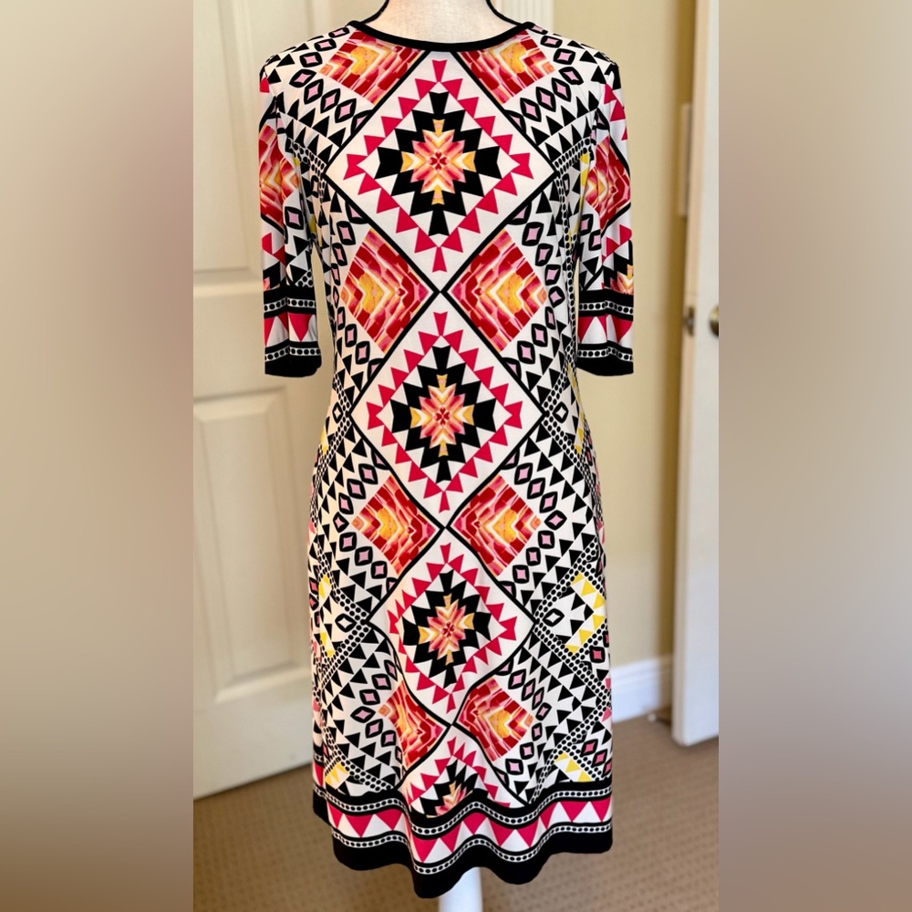 Eliza J Bold Geometric Midi Dress in Orange, Yellow & Black, lined, Sz 6